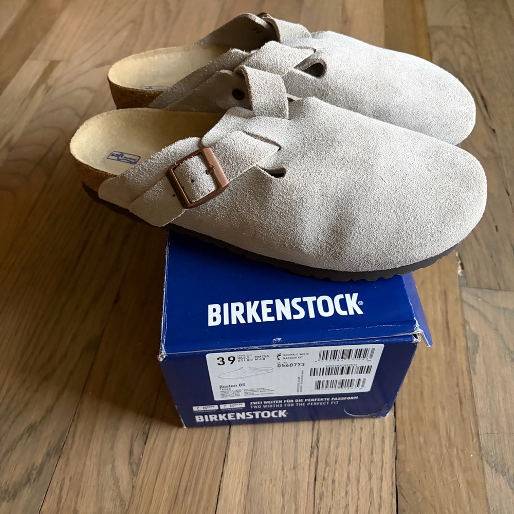 Birkenstock Boston Suede Clogs - Taupe/Gray, Size 39